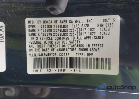 2015 Honda Cr-V Ex-L from USA, damaged, VIN 5J6RM4H73FL133082